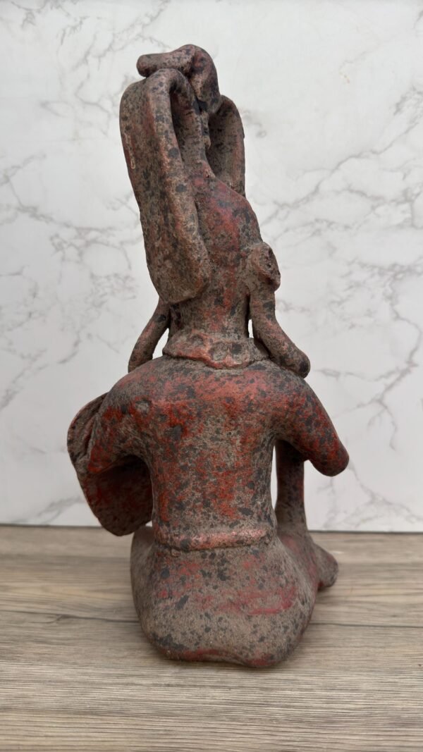 Mayan Warrior Sculpture, Handmade Clay Figure, Feathered Headdress Statue, Shield and Vessel Decor, Art Indigenous Heritage Fustic Home - Image 5