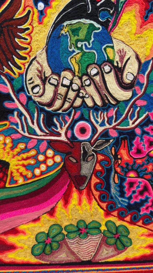 Huichol Yarn Art Earth Vision Spiritual Cosmic Hands Mexican Folk Art Handmade Wixarika Decor Peyote Deer Sacred Indigenous Mexico - Image 3