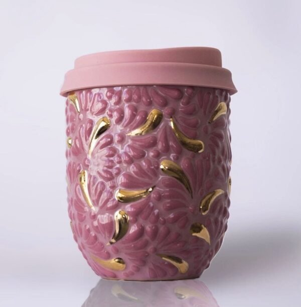 Cappuccino cup, Mexican coffee mug, Talavera pottery, Ceramic thermos with gold details - Image 2