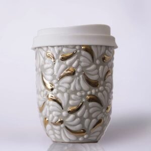 Cappuccino cup, Mexican coffee mug, Talavera pottery, Ceramic thermos with gold details