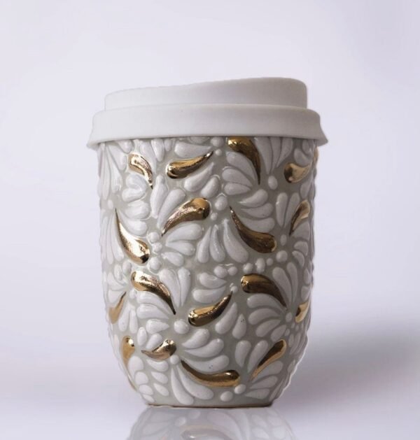 Cappuccino cup, Mexican coffee mug, Talavera pottery, Ceramic thermos with gold details