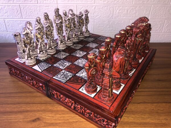 Chess set 16.53” x 16.53”, Resin Chess set in red and white, Mexican chess, Chess set handmade, Wooden chess, Doubles as a book