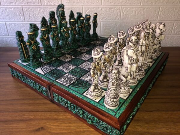 Chess set 16.53” x 16.53”, Resin Chess set in green and white, Mexican chess, Chess set handmade, Wooden chess, Doubles as a book - Image 2