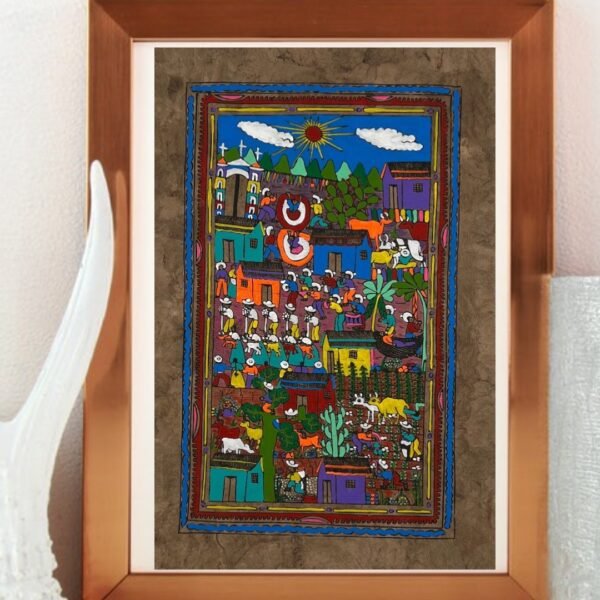 Landscape painting painted on amate paper, original amate paintings in Mexican art, acrylic painting / Mexican painting