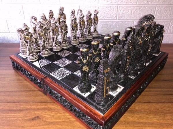 Chess set 16.53” x 16.53”, Resin Chess set in black and white, Mexican chess, Chess set handmade, Wooden chess, Doubles as a book