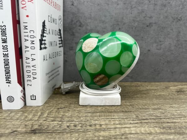 Table lamp crystal, Stone lamp, Heart figurine, Onyx lamp, Heart lamp, Love lamp, Green and white color - Image 2