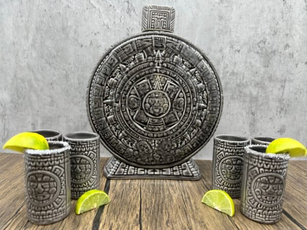 Gray Ceramic Aztec Calendar Tequila Shot Glass, Guadalajara Tequila and Mezcal, Unique Set as father's day gift, Tequila set of 8 pieces