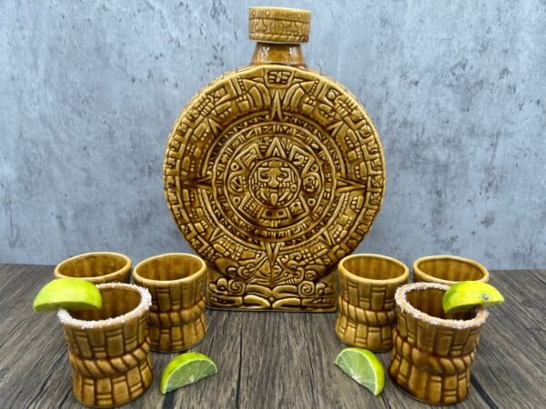 Gold Ceramic Aztec Calendar Tequila Shot Glass, Guadalajara Tequila and Mezcal, Unique Set as father's day gift, Tequila set of 8 pieces - Image 2