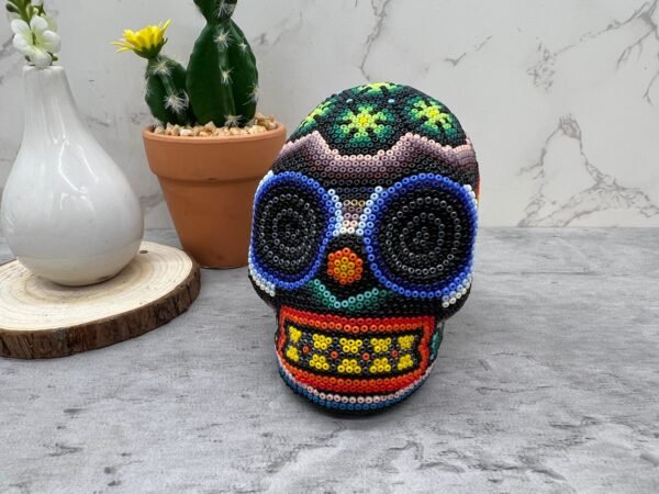 Human skull Huichol Sculpture Of Mexican Folk Art, Skull head  Wixarika As A Mexican Decorative Figure , Made Of Wood And Beads - Image 2