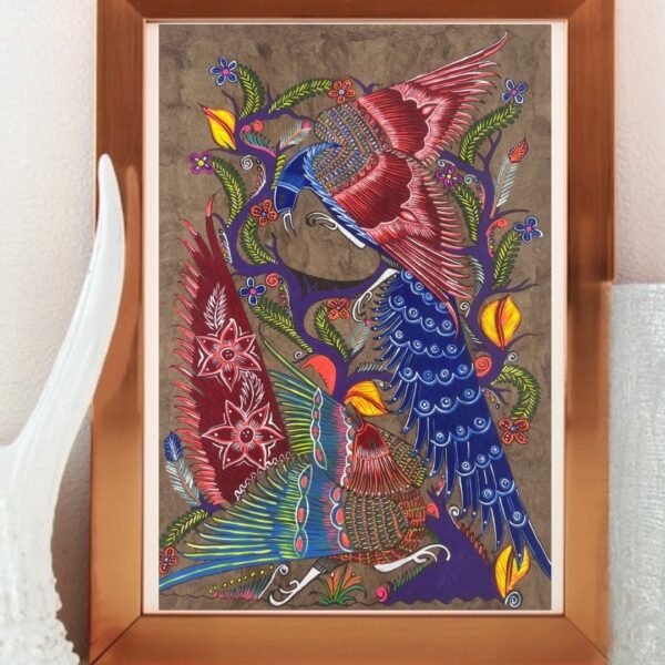 Bird painting painted on amate paper, original amate paintings in Mexican art, acrylic painting / Mexican painting