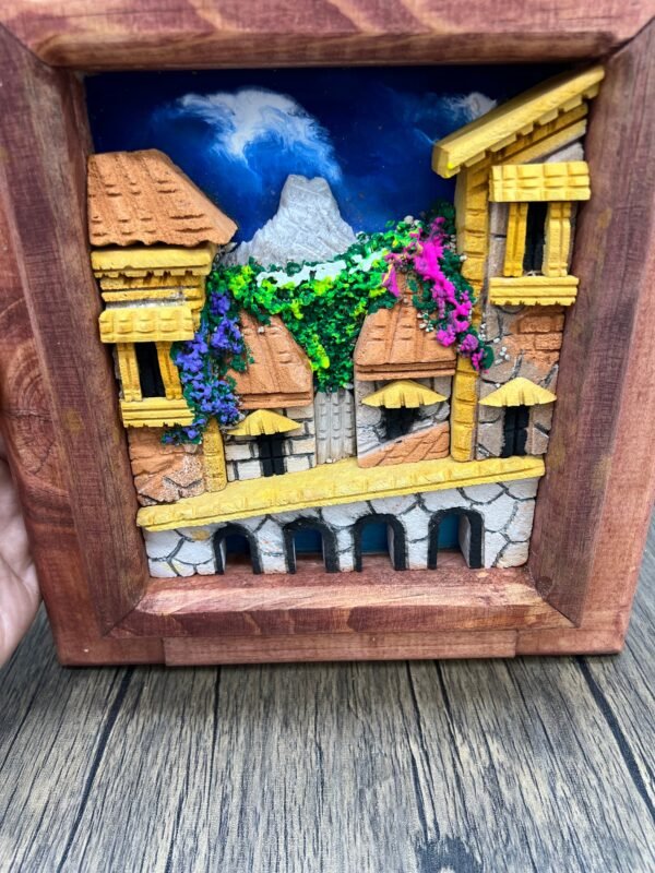 Wall Art 3D In Rock Pomez And Wood Frame/ Hand Carved And Design In Mexico Unique  Charm And Colorful Folk Wall Art Landscape Painting - Image 2