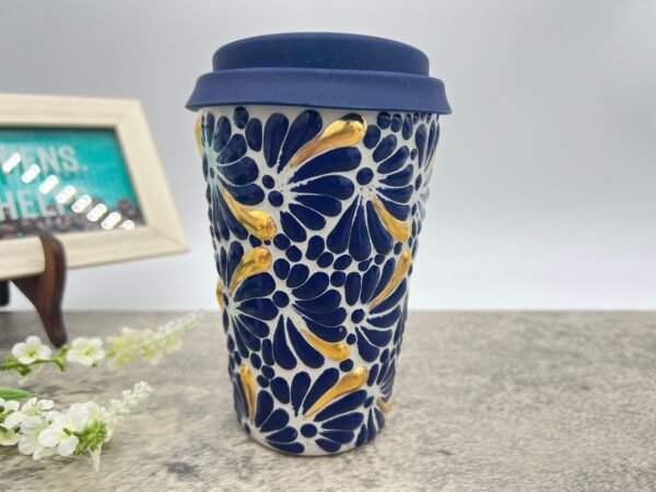 Cappuccino Cup Gold Details, Mexican Coffee Mug, Puebla Talavera Pottery, Ceramic Thermos, Handmade Lead-Free Includes Lid, Custom Available - Image 2