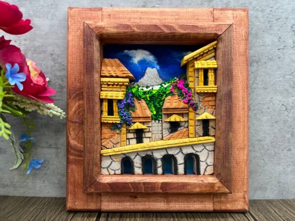 Wall Art 3D In Rock Pomez And Wood Frame/ Hand Carved And Design In Mexico Unique  Charm And Colorful Folk Wall Art Landscape Painting - Image 2