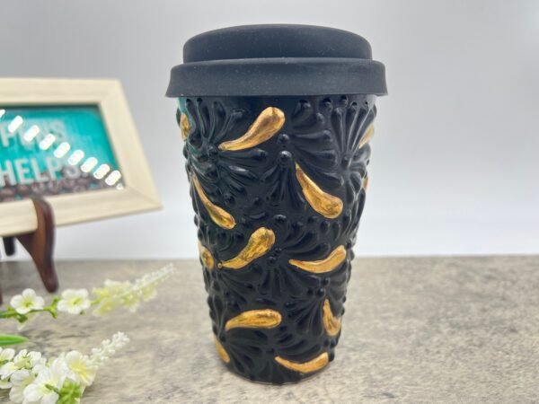 Cappuccino Cup, Gold Details Mexican Coffee Mug, Puebla Talavera Pottery, Ceramic Thermos, Handmade Lead-Free Includes Lid, Custom Available - Image 2