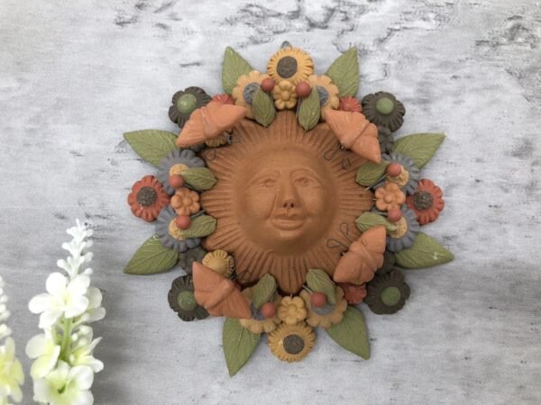Sun Figurine With Butterflies Of Pigment Clay, Mexican Folk Art, Sun Sculpture With Hook For Wall Hanging Capula Michoacán Figurine