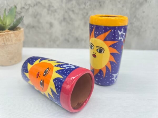 Tequila Shot Glasses (2) Pair Of Clay Hand Painted Guerrero, Culture Of Mexico in a Shot Glass Lead Free Acrylic Paint And Varnished - Image 2