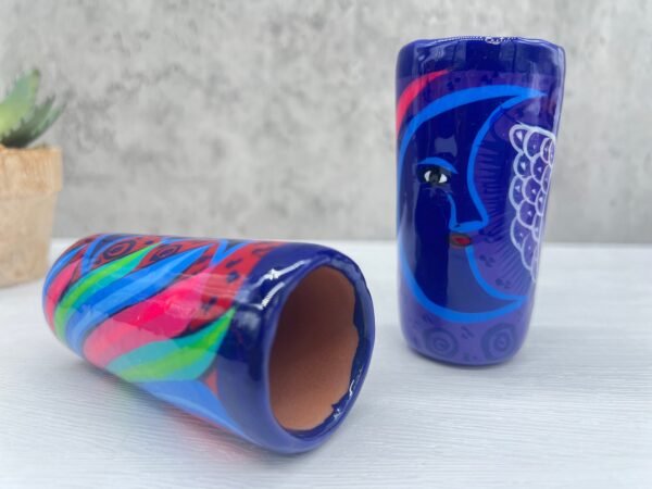 Tequila Shot Glasses (2) Pair Of Clay Hand Painted Guerrero, Culture Of Mexico in a Shot Glass Lead Free Acrylic Paint And Varnished - Image 2