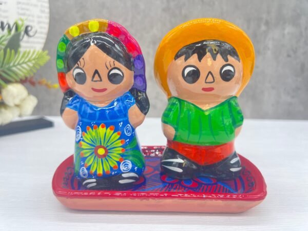 Salt And Pepper Shakers With Tray Made Of Clay Hand Painted Guerrero, Culture Of Mexico Salt And Pepper Set Lead Free Acrylic Paint - Image 2