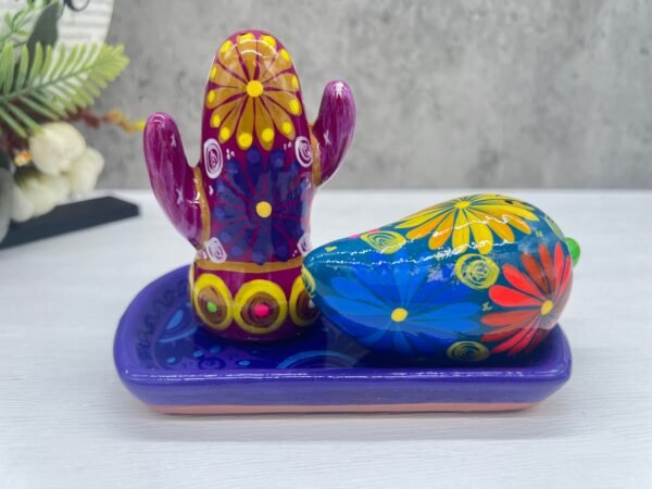 Salt And Pepper Shakers With Tray Made Of Clay Hand Painted Guerrero, Culture Of Mexico Salt And Pepper Set Lead Free Acrylic Paint - Image 2
