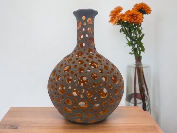 Oaxaca Vase White And Brown Clay Handcrafted Plant Pot, Pottery Luminary, White Clay Vase, Mexican Vase, Oaxaca Pottery For Home Decor