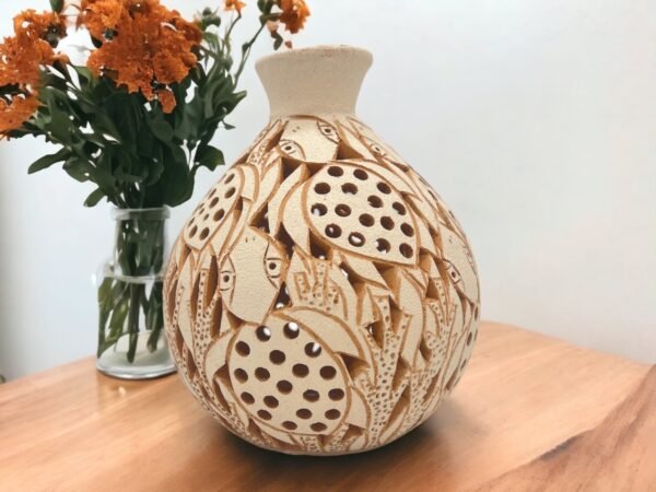 Oaxaca Vase White And Brown Clay Handcrafted Plant Pot, Pottery Luminary, White Clay Vase, Mexican Vase, Oaxaca Pottery For Home Decor