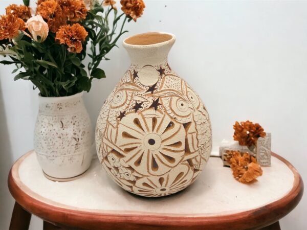 Oaxaca Vase White And Brown Clay Handcrafted Plant Pot, Pottery Luminary, White Clay Vase, Mexican Vase, Oaxaca Pottery For Home Decor - Image 2