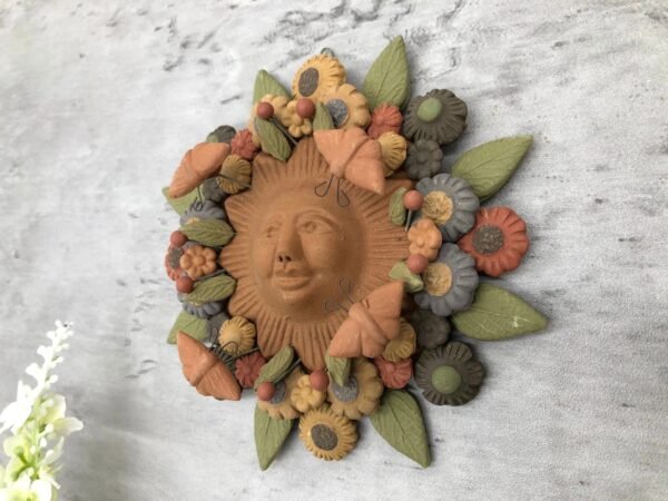 Sun Figurine With Butterflies Of Pigment Clay, Mexican Folk Art, Sun Sculpture With Hook For Wall Hanging Capula Michoacán Figurine - Image 2
