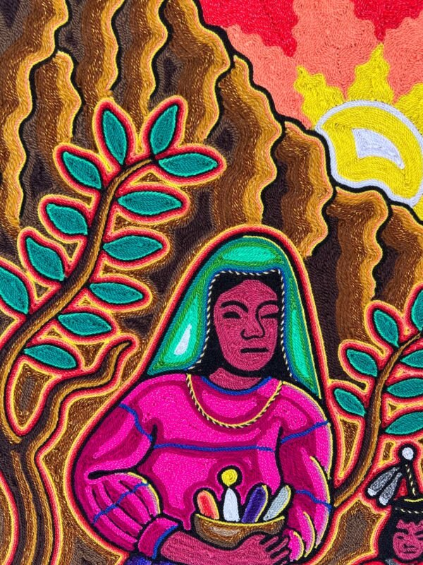 Huichol yarn painting, Mexican wall art, Wixarika culture, Abstract painting, 24” x  24” - Image 2