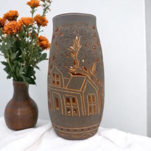 Oaxaca Vase White And Brown Clay Handcrafted Plant Pot, Pottery Luminary, White Clay Vase, Mexican Vase, Oaxaca Pottery For Home Decor