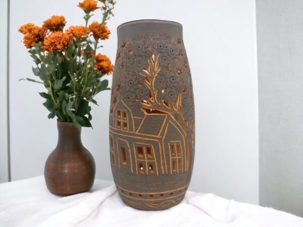 Oaxaca Vase White And Brown Clay Handcrafted Plant Pot, Pottery Luminary, White Clay Vase, Mexican Vase, Oaxaca Pottery For Home Decor