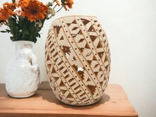 Oaxaca Vase White And Brown Clay Handcrafted Plant Pot, Pottery Luminary, White Clay Vase, Mexican Vase, Oaxaca Pottery For Home Decor