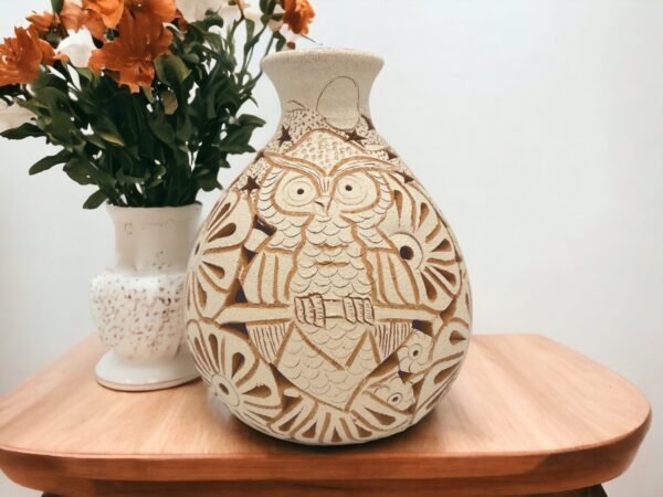 Oaxaca Vase White And Brown Clay Handcrafted Plant Pot, Pottery Luminary, White Clay Vase, Mexican Vase, Oaxaca Pottery For Home Decor
