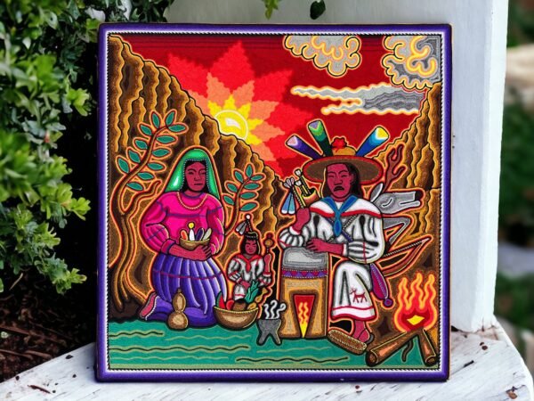 Huichol yarn painting, Mexican wall art, Wixarika culture, Abstract painting, 24” x  24”