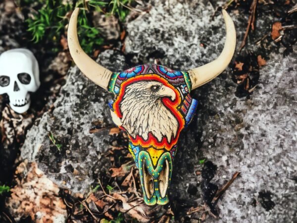 Bull Sculpture Huichol Statue Of Mexican Folk Art, Bighorn Sheep Wixarika As A Mexican Decorative Figure, Made Of Resin And Beads
