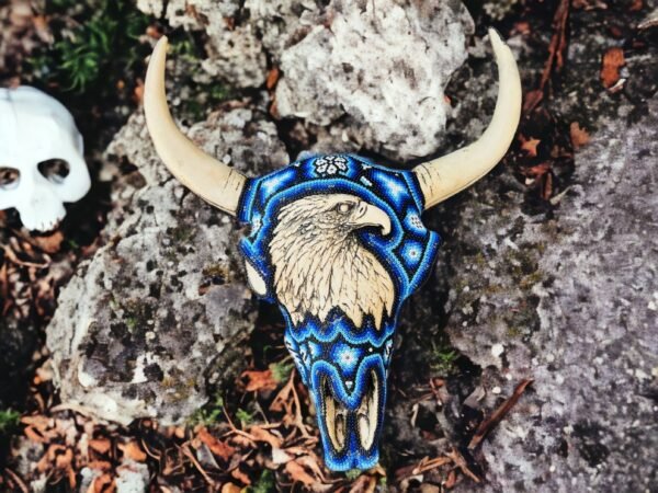 Bull Sculpture Huichol Statue Of Mexican Folk Art, Bighorn Sheep Wixarika As A Mexican Decorative Figure, Made Of Resin And Beads