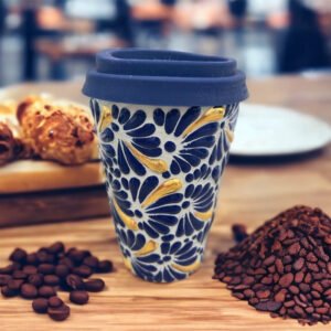 Cappuccino Cup Gold Details, Mexican Coffee Mug, Puebla Talavera Pottery, Ceramic Thermos, Handmade Lead-Free Includes Lid, Custom Available