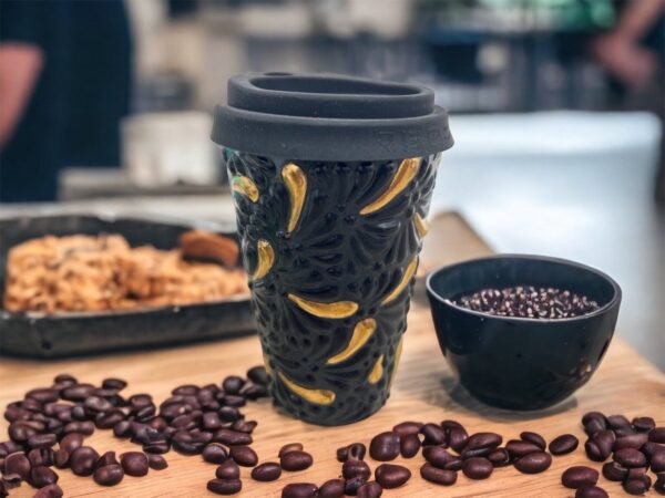 Cappuccino Cup, Gold Details Mexican Coffee Mug, Puebla Talavera Pottery, Ceramic Thermos, Handmade Lead-Free Includes Lid, Custom Available