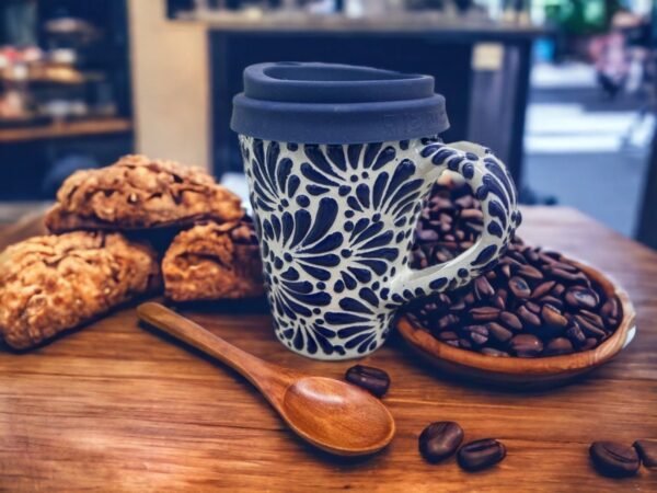 Cappuccino Cup, Wooden Spoon Mexican Coffee Mug, Puebla Talavera Pottery, Ceramic Thermos, Handmade Lead-Free Includes Lid, Custom Available