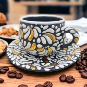 Cappuccino Cup&Plate Gold  Mexican Coffee Mug, Puebla Talavera Pottery, Ceramic Thermos, Handmade Lead-Free, Custom Available