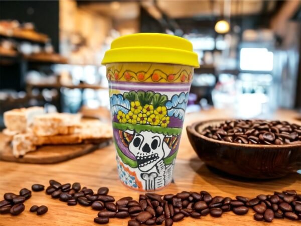 Cappuccino Skull Cup, Frida Mexican Coffee Mug, Puebla Talavera Pottery, Ceramic Thermos, Handmade Lead-Free Includes Lid, Custom Available