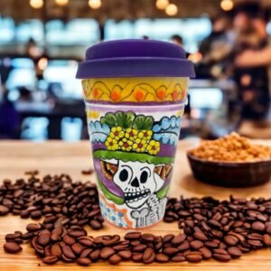 Cappuccino Skull Cup, Frida Mexican Coffee Mug, Puebla Talavera Pottery, Ceramic Thermos, Handmade Lead-Free Includes Lid, Custom Available