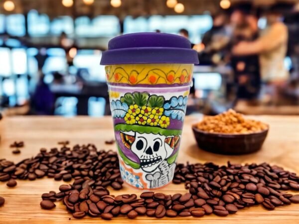 Cappuccino Skull Cup, Frida Mexican Coffee Mug, Puebla Talavera Pottery, Ceramic Thermos, Handmade Lead-Free Includes Lid, Custom Available