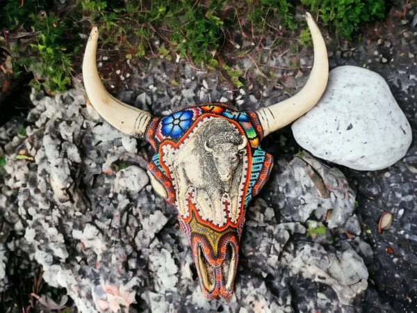 Bull Sculpture Huichol Statue Of Mexican Folk Art, Bighorn Sheep Wixarika As A Mexican Decorative Figure, Made Of Resin And Beads