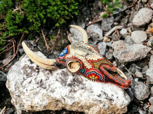 Bull Sculpture Huichol Statue Of Mexican Folk Art, Bighorn Sheep Wixarika As A Mexican Decorative Figure, Made Of Resin And Beads - Image 2