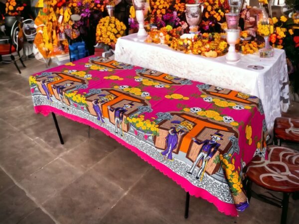 Día de los Muertos Table Cover Sugar Skull Design, Festive Mexican Decor Altar Cloth, Halloween Tablecloth, Day of the Dead Decorations - Image 2