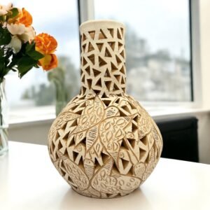 Oaxaca Vase White And Brown Clay Handcrafted Plant Pot, Pottery Luminary, White Clay Vase, Mexican Vase, Oaxaca Pottery For Home Decor