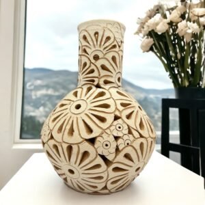 Oaxaca Vase White And Brown Clay Handcrafted Plant Pot, Pottery Luminary, White Clay Vase, Mexican Vase, Oaxaca Pottery For Home Decor