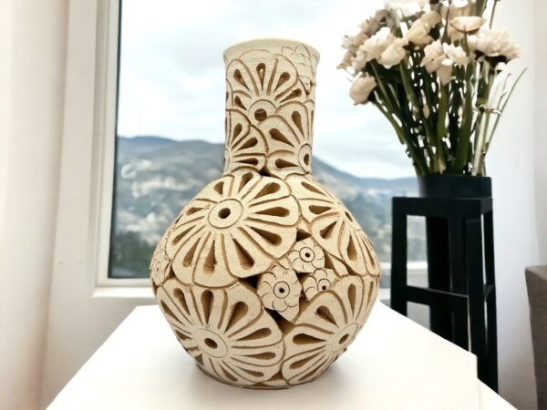 Oaxaca Vase White And Brown Clay Handcrafted Plant Pot, Pottery Luminary, White Clay Vase, Mexican Vase, Oaxaca Pottery For Home Decor