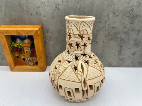 Oaxaca Vase White And Brown Clay Handcrafted Plant Pot, Pottery Luminary, White Clay Vase, Mexican Vase, Oaxaca Pottery For Home Decor - Image 2