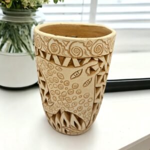 Oaxaca Vase White And Brown Clay Handcrafted Plant Pot, Pottery Luminary, White Clay Vase, Mexican Vase, Oaxaca Pottery For Home Decor